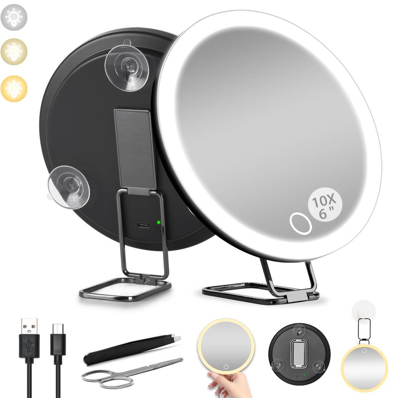 مرآة مكبرة 6 10x مع ضوء وكوب شفط LED لمكياج قريب مع قاعدة 360 درجة 3 ألوان مرآة شخصية مضاءة 10x 10 مرات زوم وظيفي للتفاصيل الجزئية